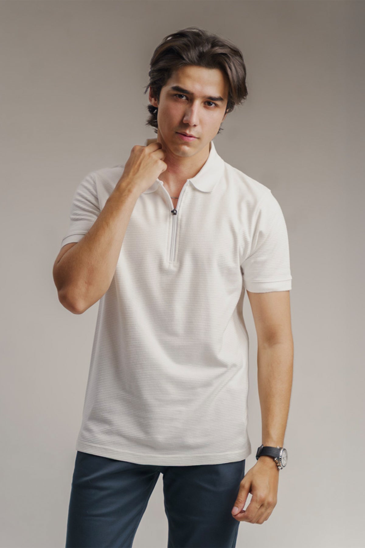 Quarter Zipper Polo White
