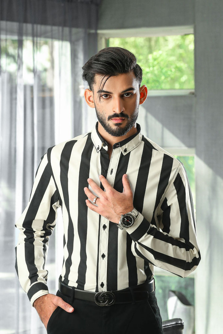 Strip Black and White Casual Shirt  BASIT-17