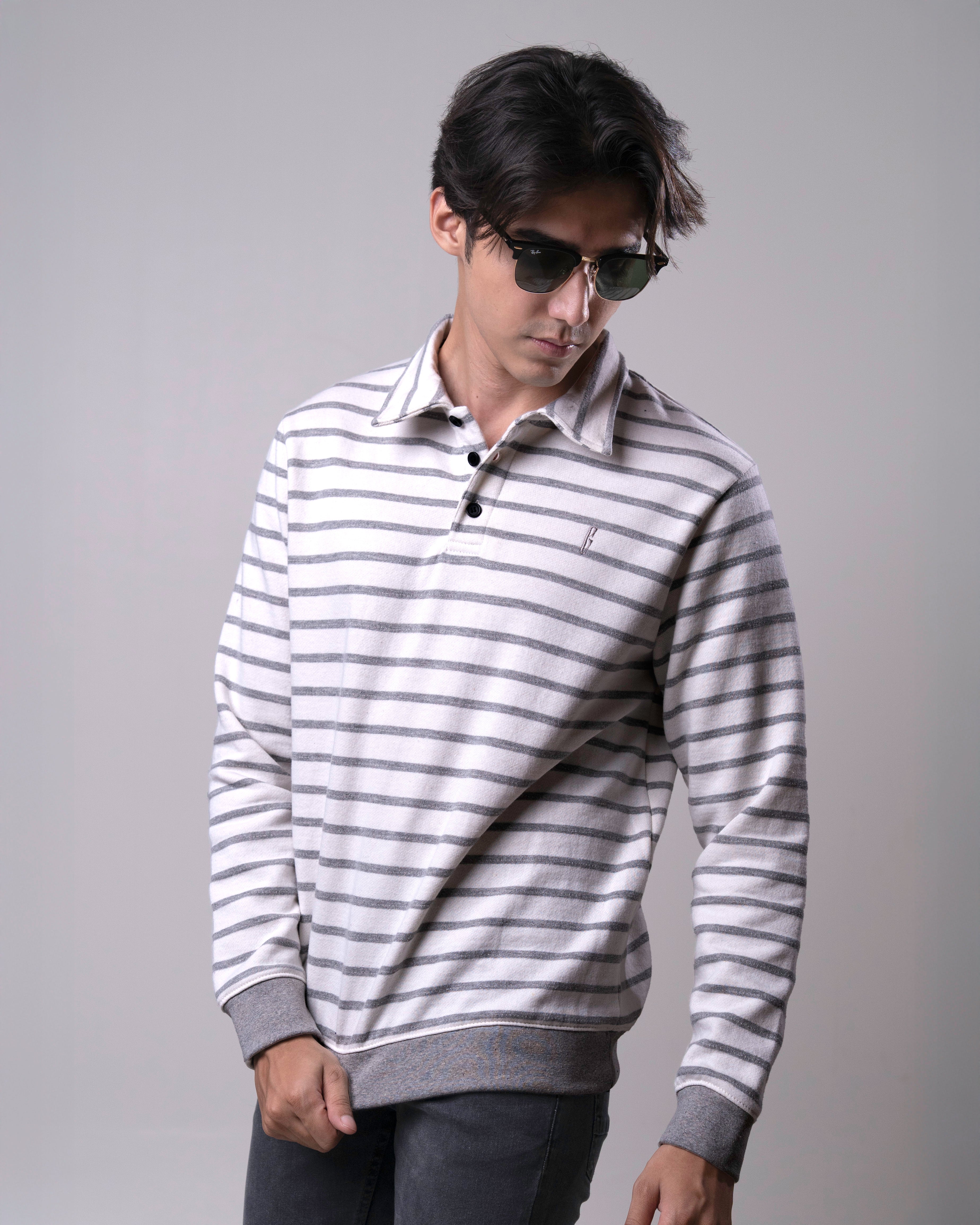 Men Fleece Striped Polo Shirt