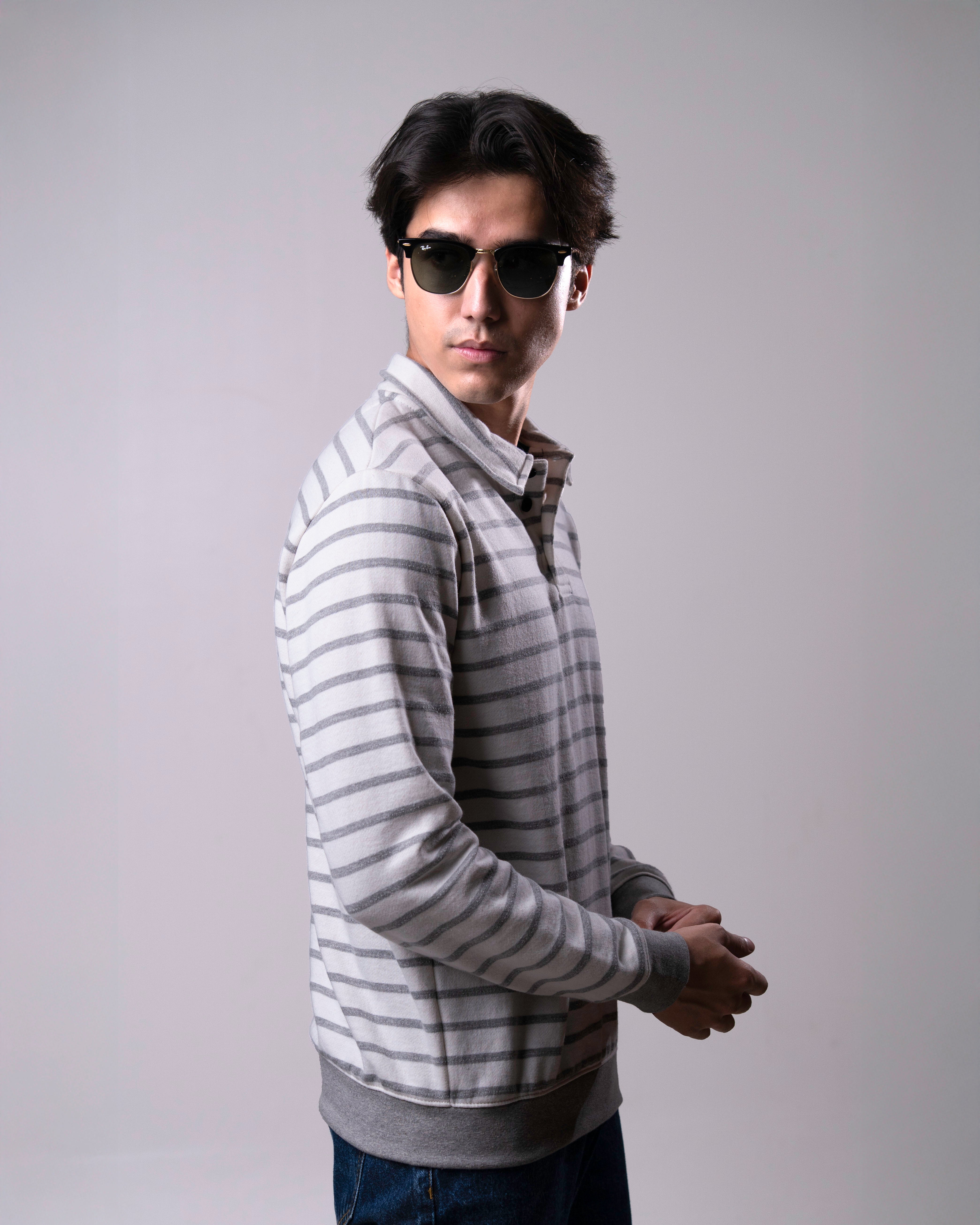 Men Fleece Striped Polo Shirt