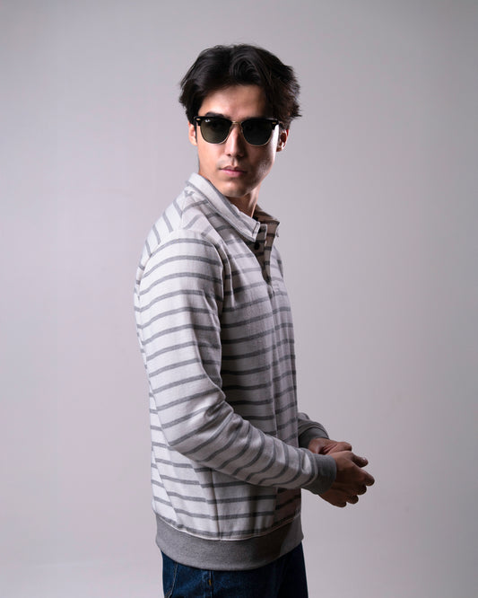 Men Fleece Striped Polo Shirt AIZAD8