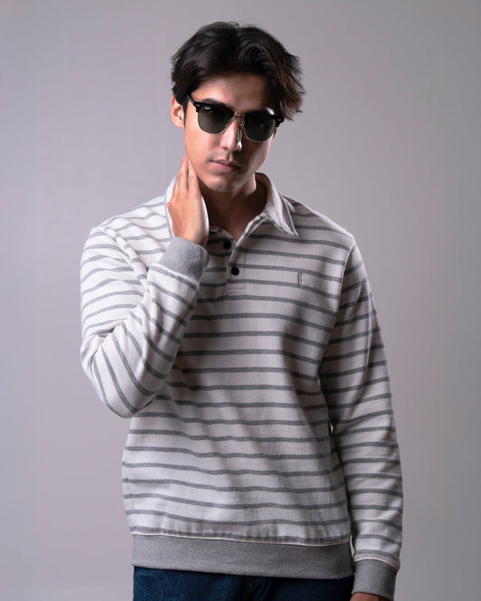 Men Fleece Striped Polo Shirt AIZAD8