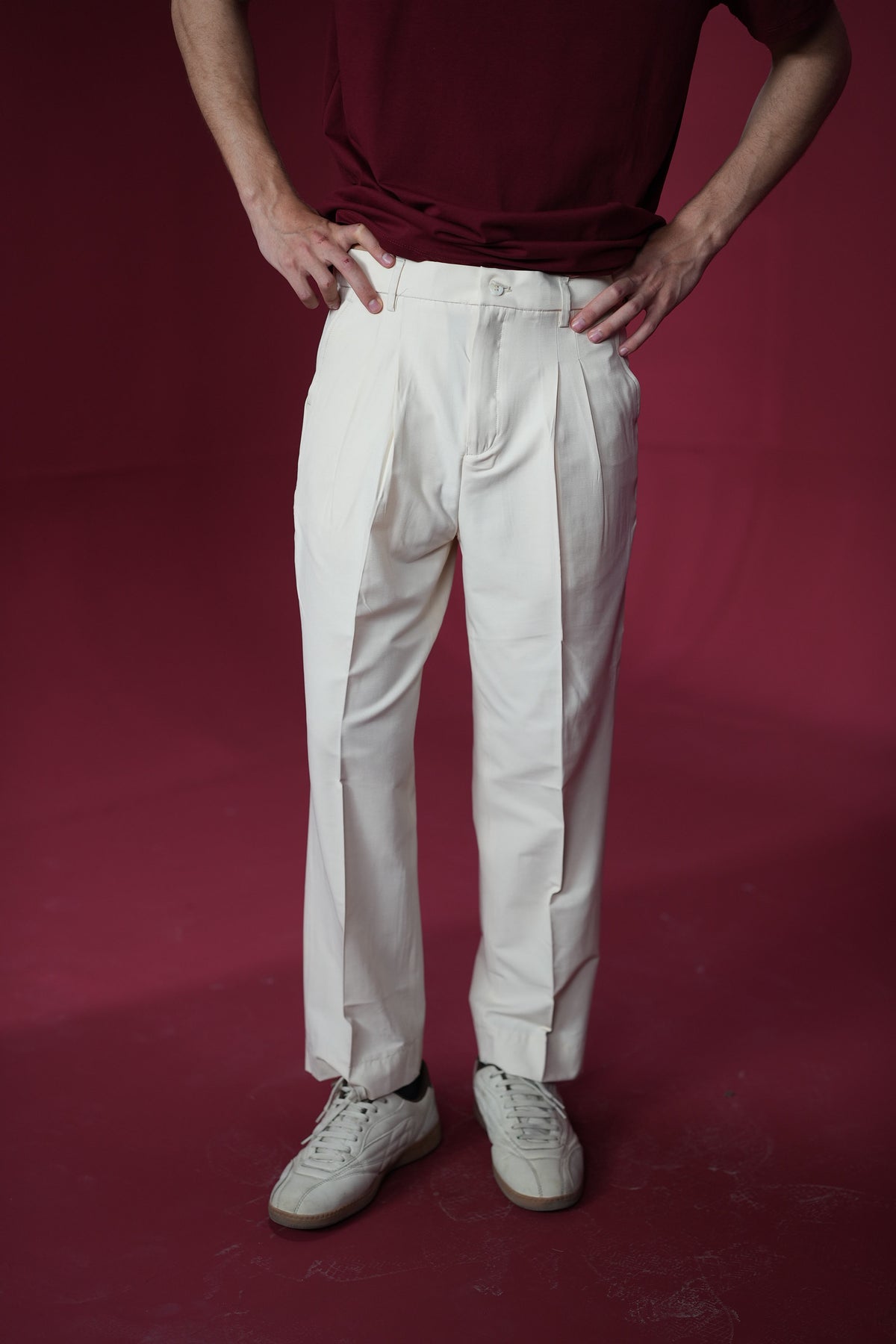 White Double Pleated Twill Pants