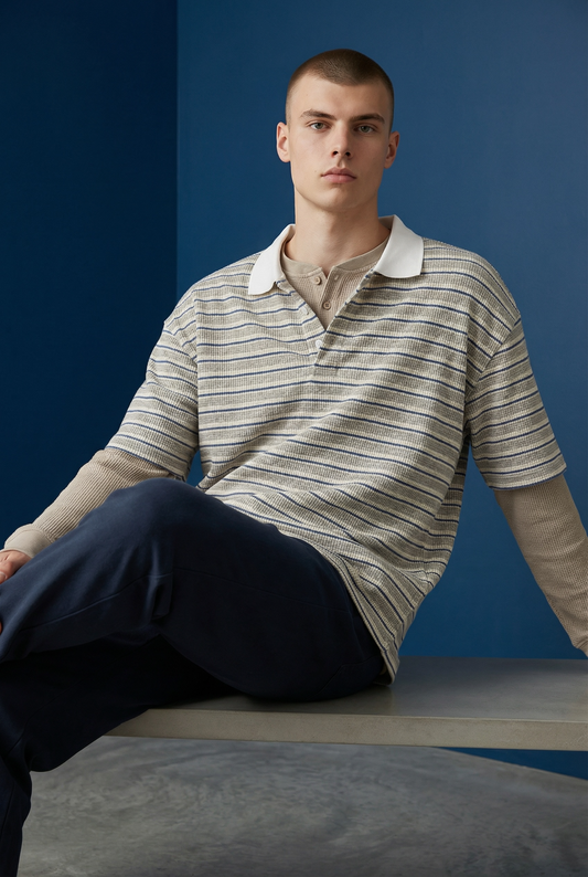 Stripe Polo Shirt Textured Collar  ( AMR5 )